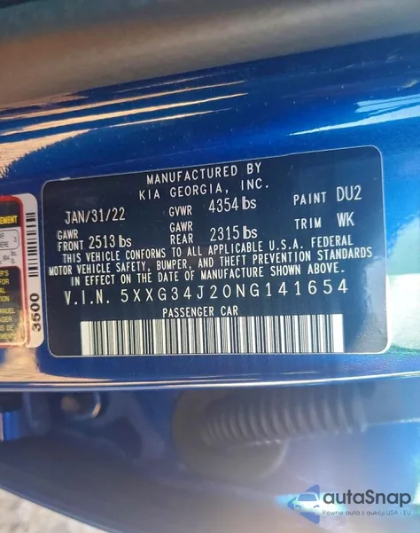 2022 Kia K5 Ex from USA, damaged, VIN 5XXG34J20NG141654